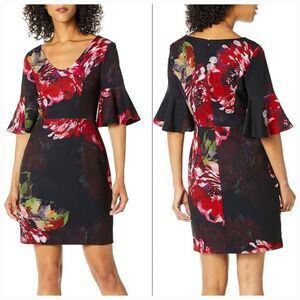 NWT Trina Turk Women’s Sheath Dress Size 2 Red Floral Bell Sleeve Stretch